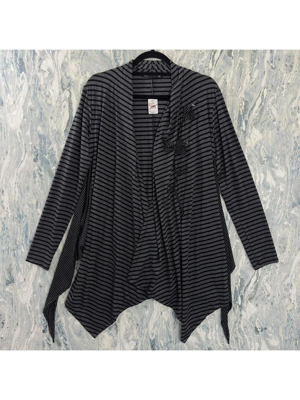 Grunge Designer Gray Striped Waterfall Cardigan (S)